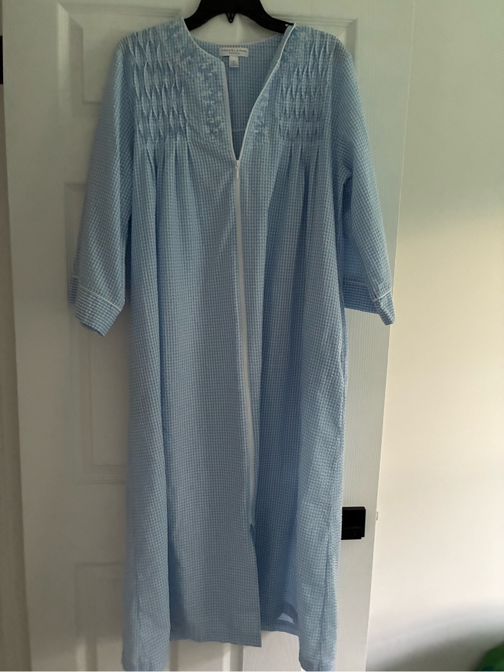 Miss Elaine Light Blue Smocked Zip-Front Housecoat